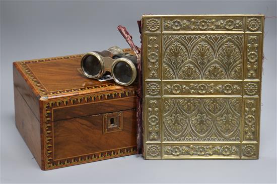 An inlaid box, a brass blotter and a pair of opera glasses